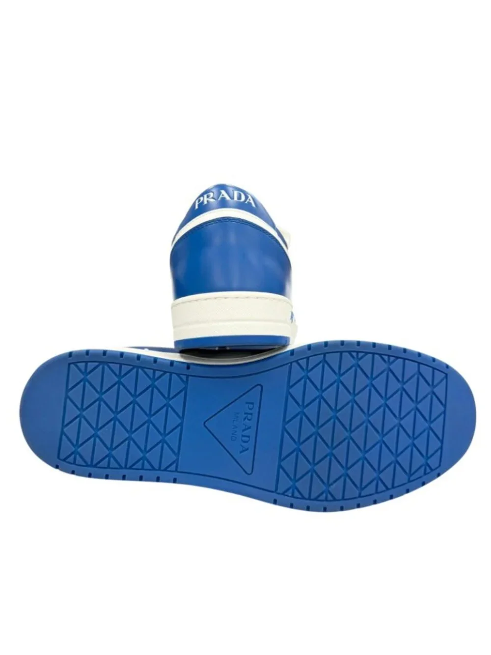 Prada Leather Triangle Logo Plate Low Cut Sneakers Blue White 5